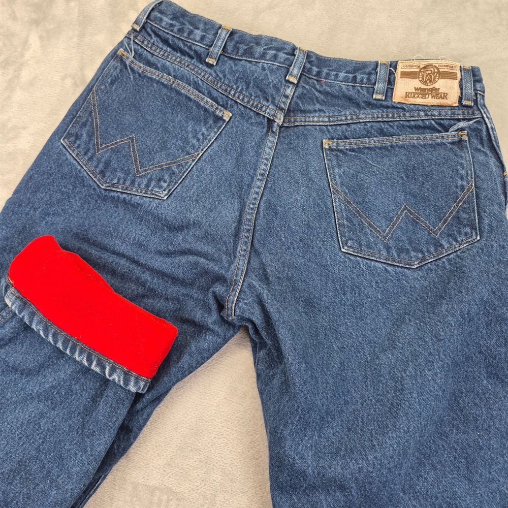 Vintage Wrangler 34x29 Rugged Wear Mens Quilted Red Lined Insulated Blue Jeans